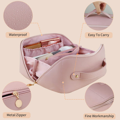 Large Travel Cosmetic Bag Portable Make up Makeup Bag Waterproof PU Leather Storage Pink