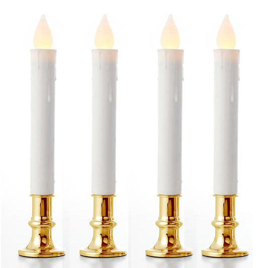 3 Pack Taper Stick White Battery Candle - Natural Flame Light Colour No Flicker - Gold Stand Base