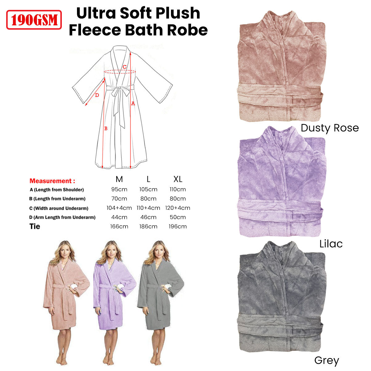 190GSM Ultra Soft Plush Fleece Bath Robe Dusty Rose M