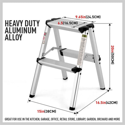 2-Step Portable Folding Ladder, Aluminum Frame Lightweight Home Ladder with Anti Slip Design, 150KG Capacity