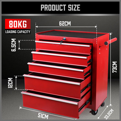 5-Drawer Tool Storage Trolley Cart - Heavy Duty Garage Cabinet Organizer with Lockable Wheels