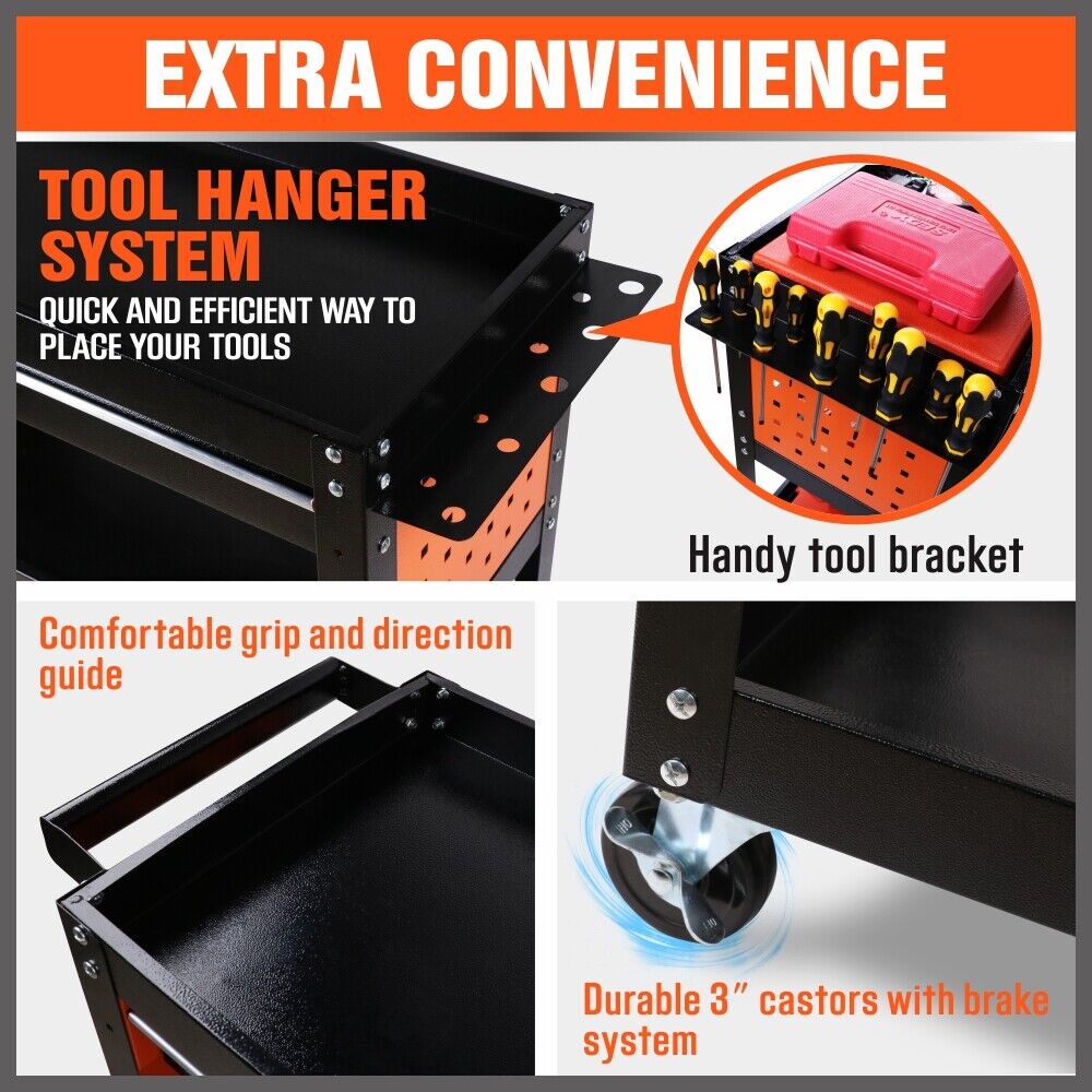 Single Drawer Tool Storage Trolley- Workshop Cart Chest Cabinet with Pegboard Hooks and Lockable Wheels