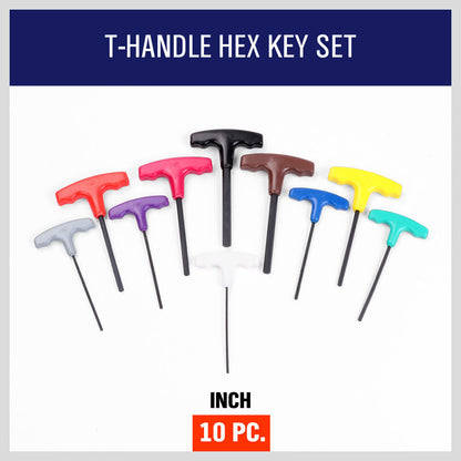 10-Piece T-Handle Hex Key Set, Allen Wrench SAE/Imperial Sizes 3/32"-3/8", Heat-Treated Steel with Color-Code Organizer Stand