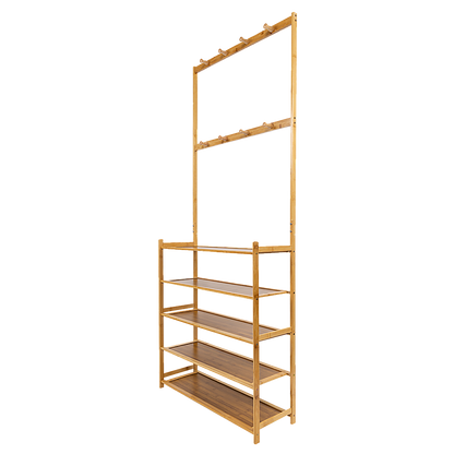 Large Wooden 5 Tiers Hat Coat Stand Clothes Shoe Rack Hanger Hooks Shelf Storage